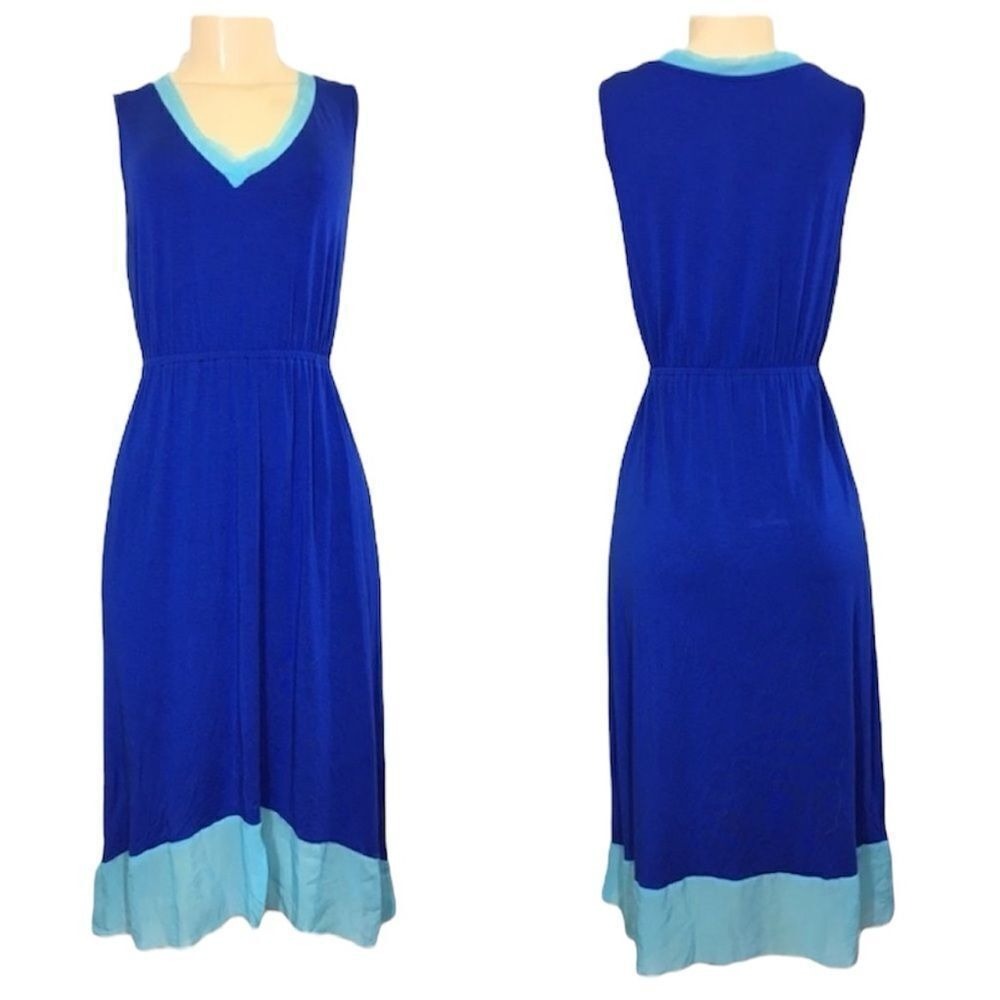 Boston Proper Colorblock High-Low Midi Dress S Blue V-Neck Sleeveless Raw Hem